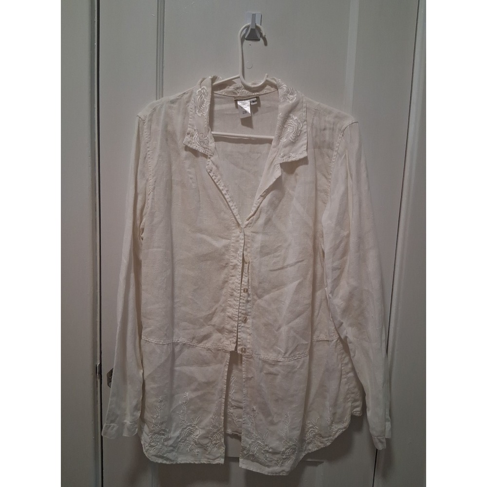 Coldwater  Creek Women Blouse 100% Linen .embroidered. Size L . Made In USA.